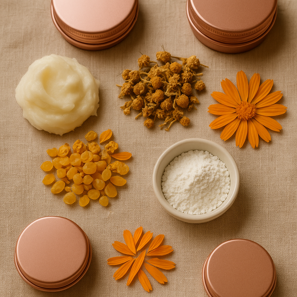 A pink tin of calendula baby cream surrounded by tallow, beeswax, and calendula flowers—ingredients trusted for baby rash relief.