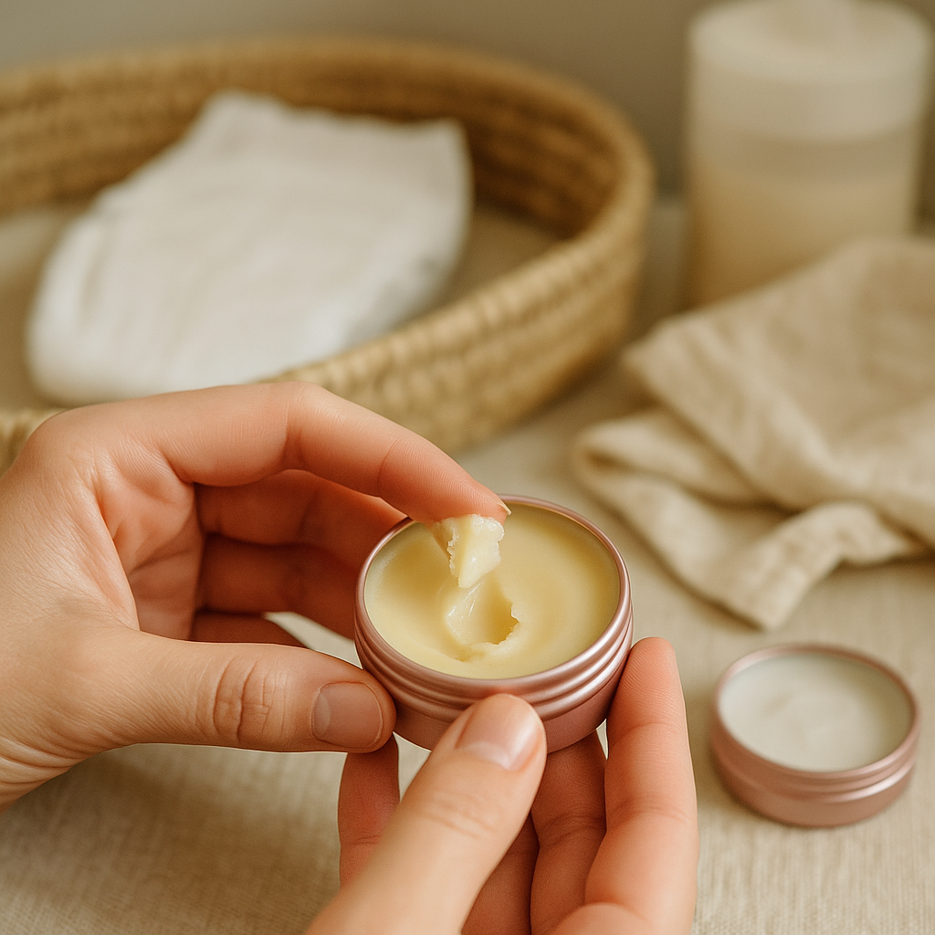 Finger scooping a tallow based nappy rash balm to soothe baby bottom