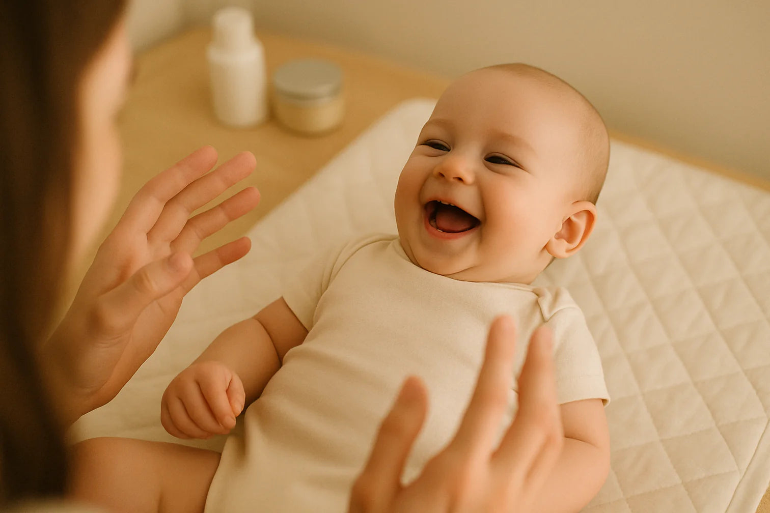 Baby being cared for with a gentle nappy rash cream suitable for sensitive baby skin
