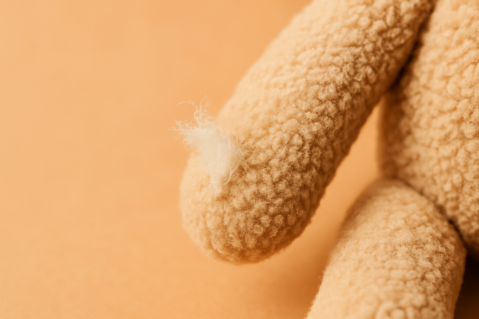 Close-up of a plush teddy bear’s worn paw with exposed stuffing, symbolising dry, irritated baby skin in need of moisturising care