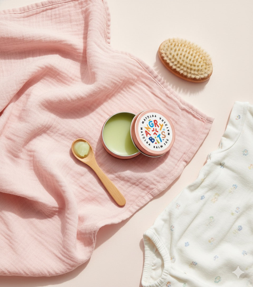 natural baby eczema treatment balm with spoon and cloth for gentle application