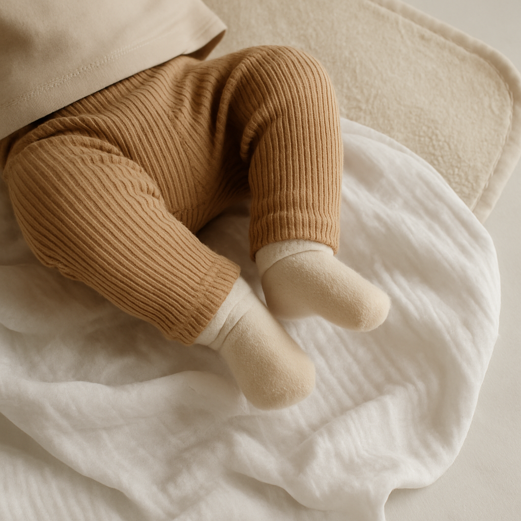 Baby feet getting ready for nappy-free time on clean towel