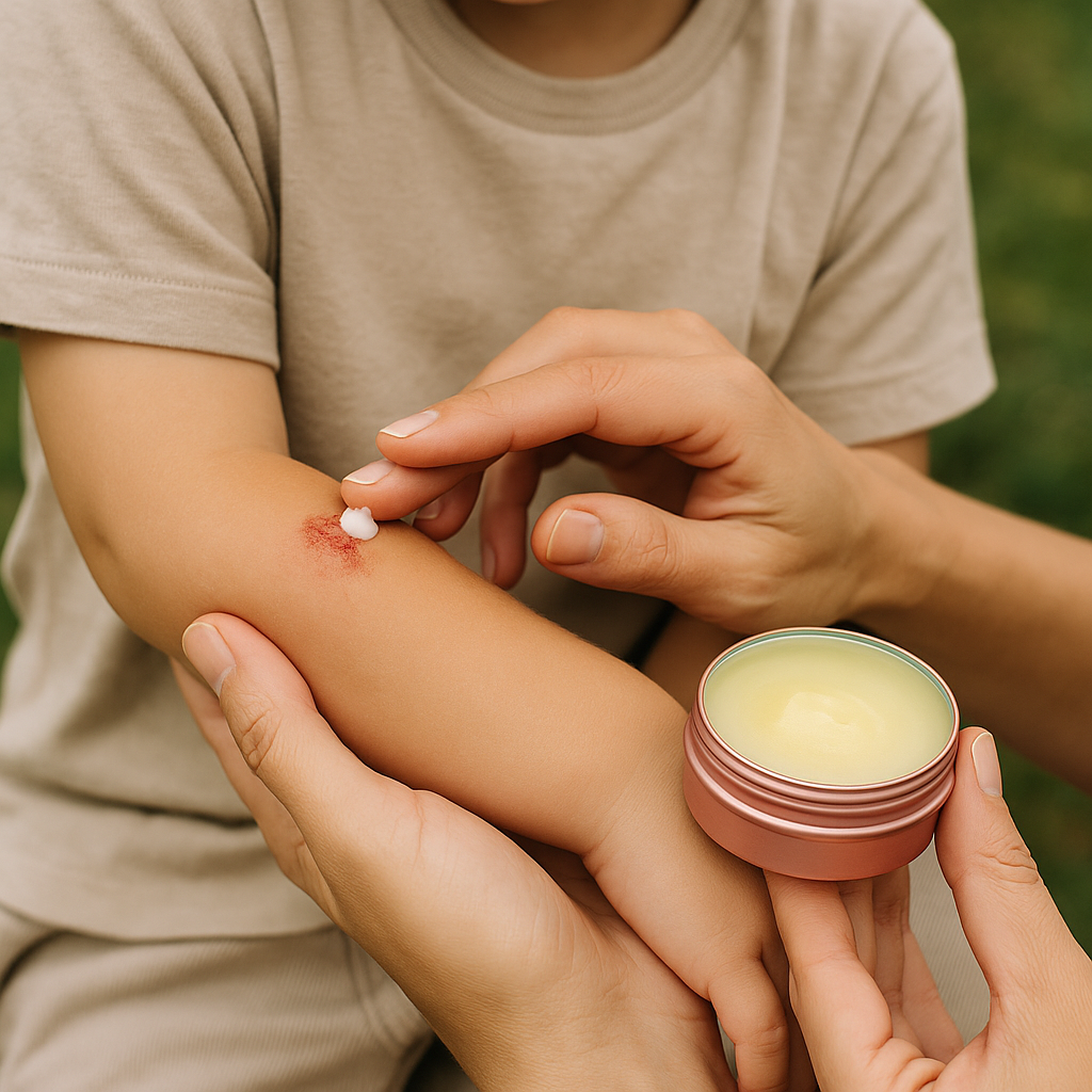 Mum applying beef tallow balm on child’s scraped arm to support healing