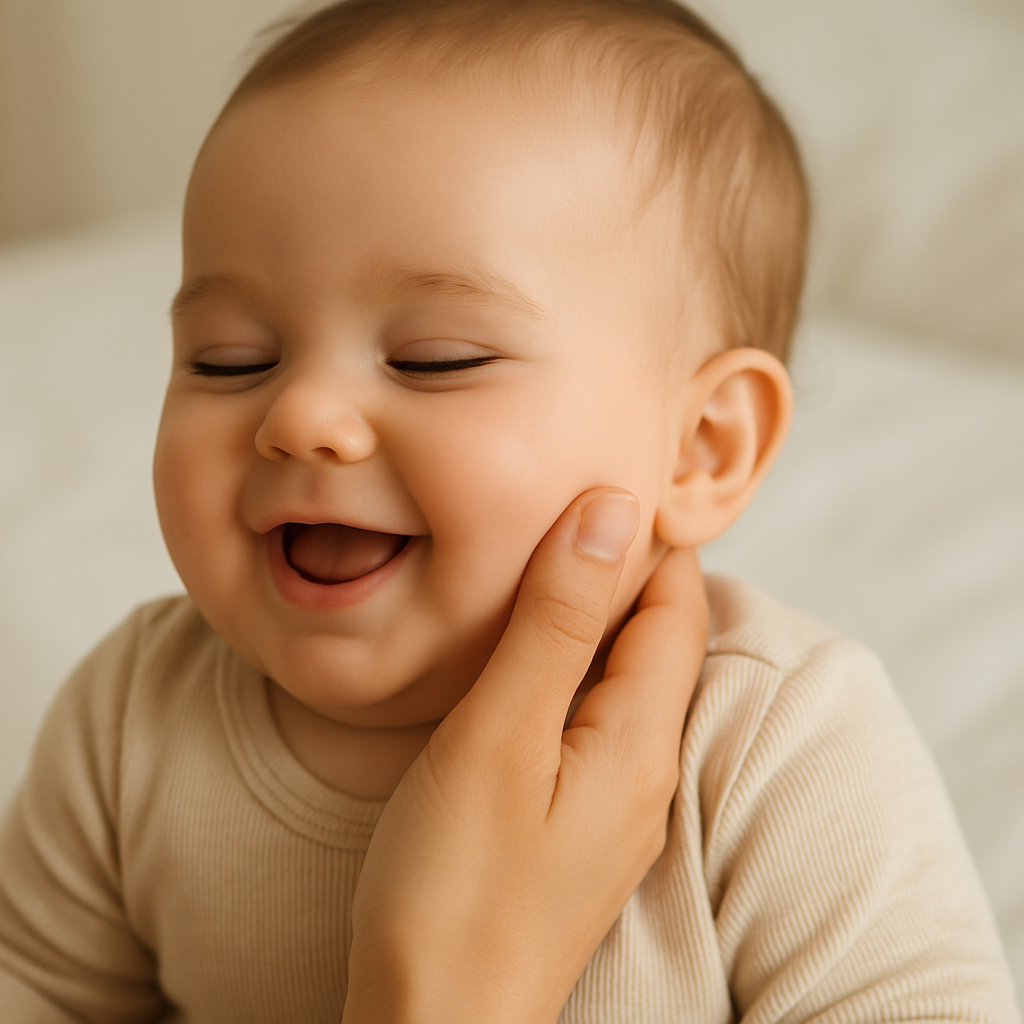 Mum touching baby’s soft cheek after applying beef tallow balm