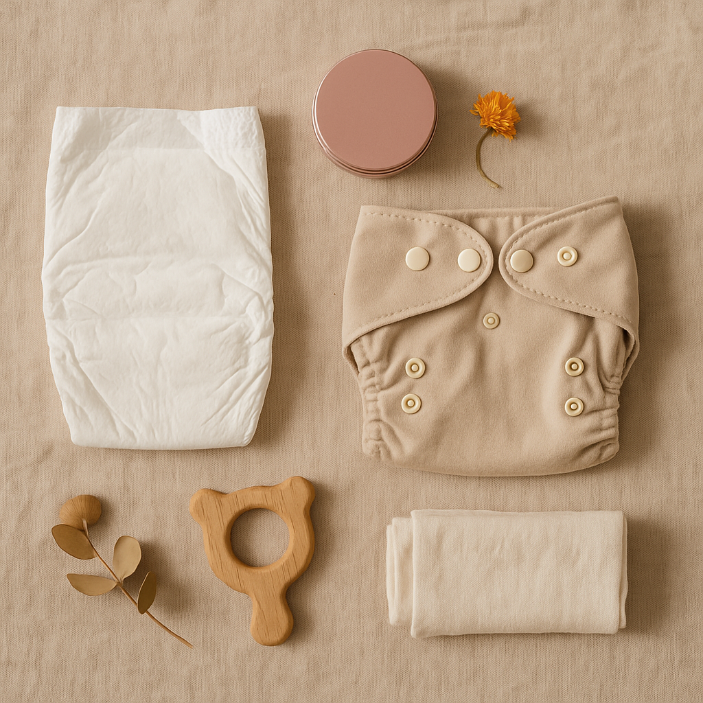 Flat-lay of disposable and cloth nappies, balm tin, wooden toy, calendula flower, and muslin cloth on beige fabric—baby care essentials for nappy rash relief