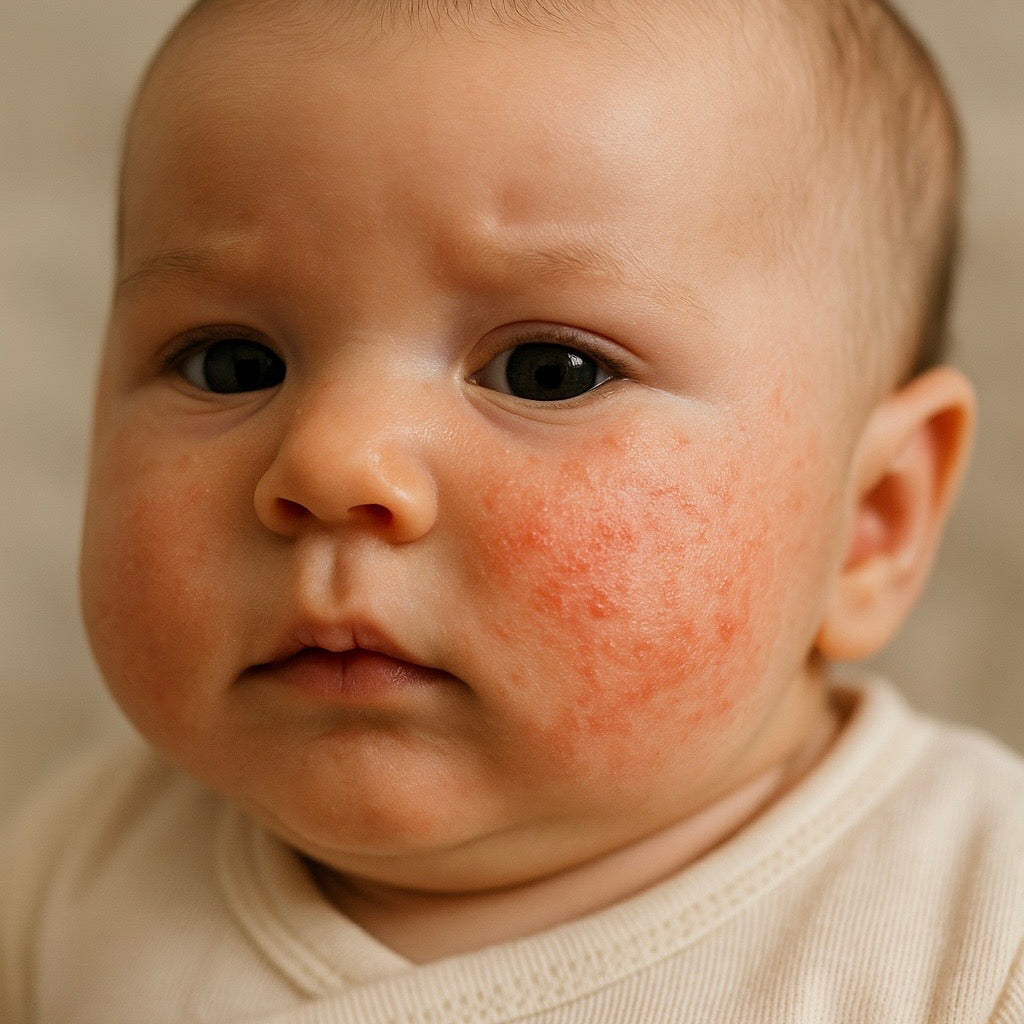 Close-up of a 2-month-old baby with red, dry eczema patches on both cheeks