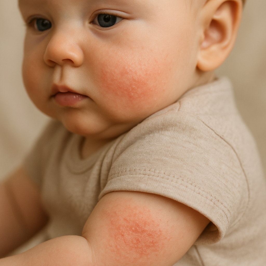 Six-month-old baby with eczema patch on inner arm fold and mild redness on cheeks
