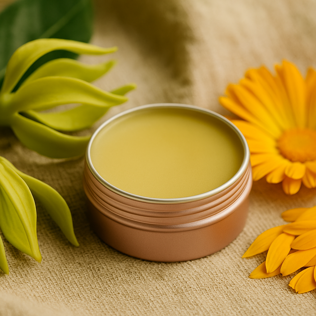 Matylda Baby balm tin with calendula and ylang ylang flowers