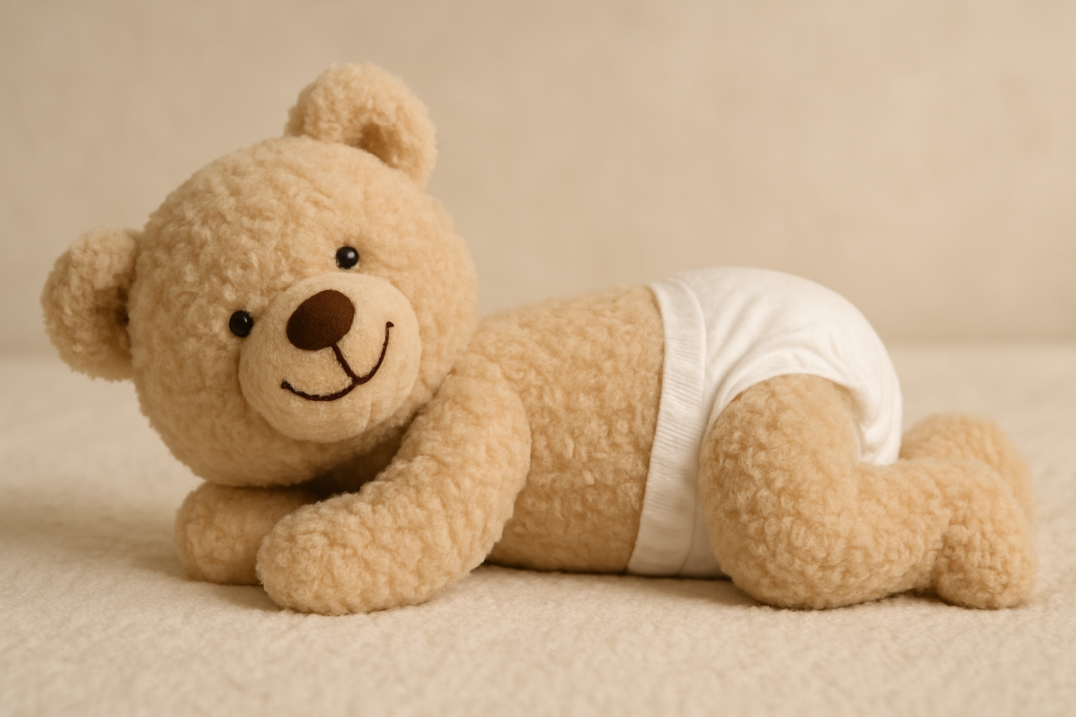 Soft plush teddy bear wearing a nappy, lying on its side on a neutral blanket—used to illustrate baby nappy care steps