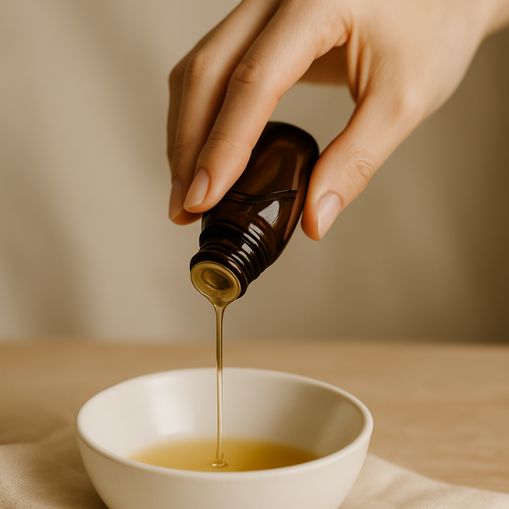 Essential oil being poured from amber bottle into a white bowl