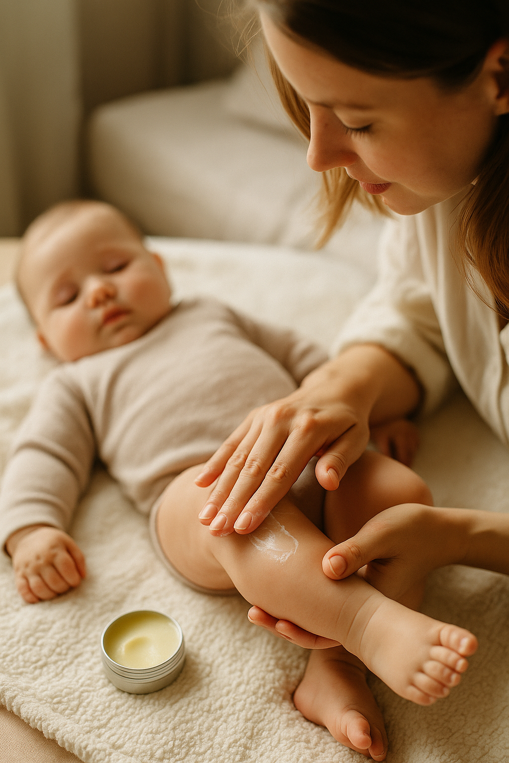 Mum applying natural baby balm to child’s leg in calm sunlit room