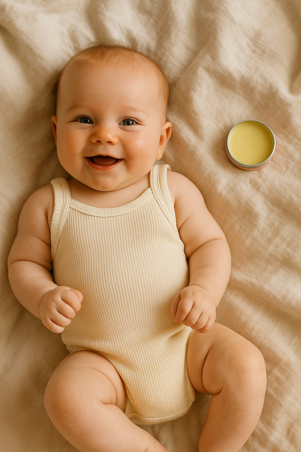 Smiling baby lying on cotton blanket with natural baby balm tin nearby on soft linen