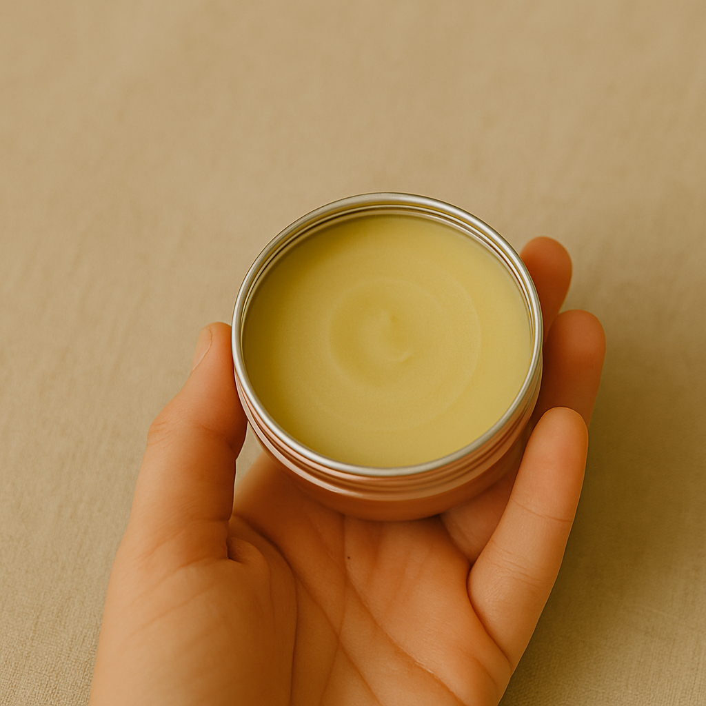 Open tin of Matylda BUM+BODY BALM showing rich, natural texture