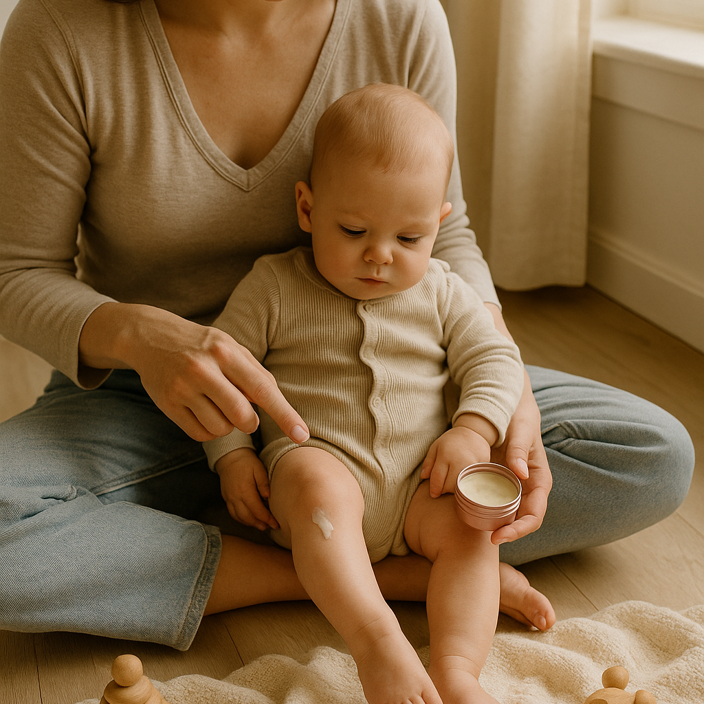 A mother applying organic baby balm to her baby’s leg during a gentle morning skincare routine