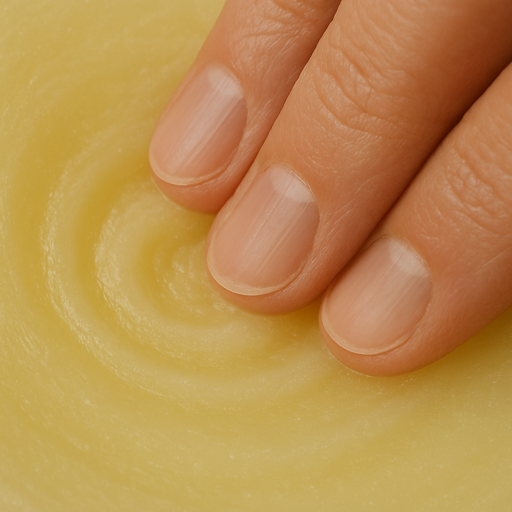 Fingertips pressing into creamy tallow balm to show soft, scoopable texture
